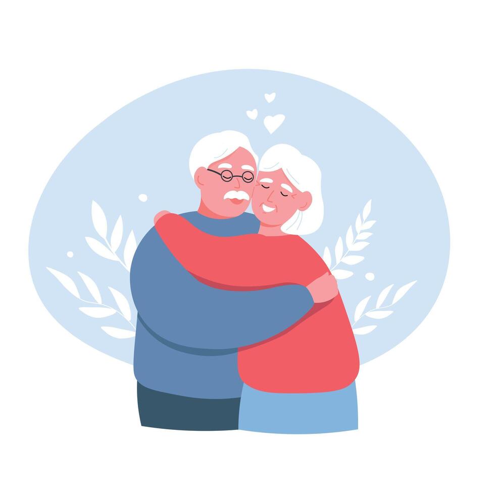Elderly couple hugging, happy together. Gray-haired old man and old woman love each other, support. flat graphics. vector