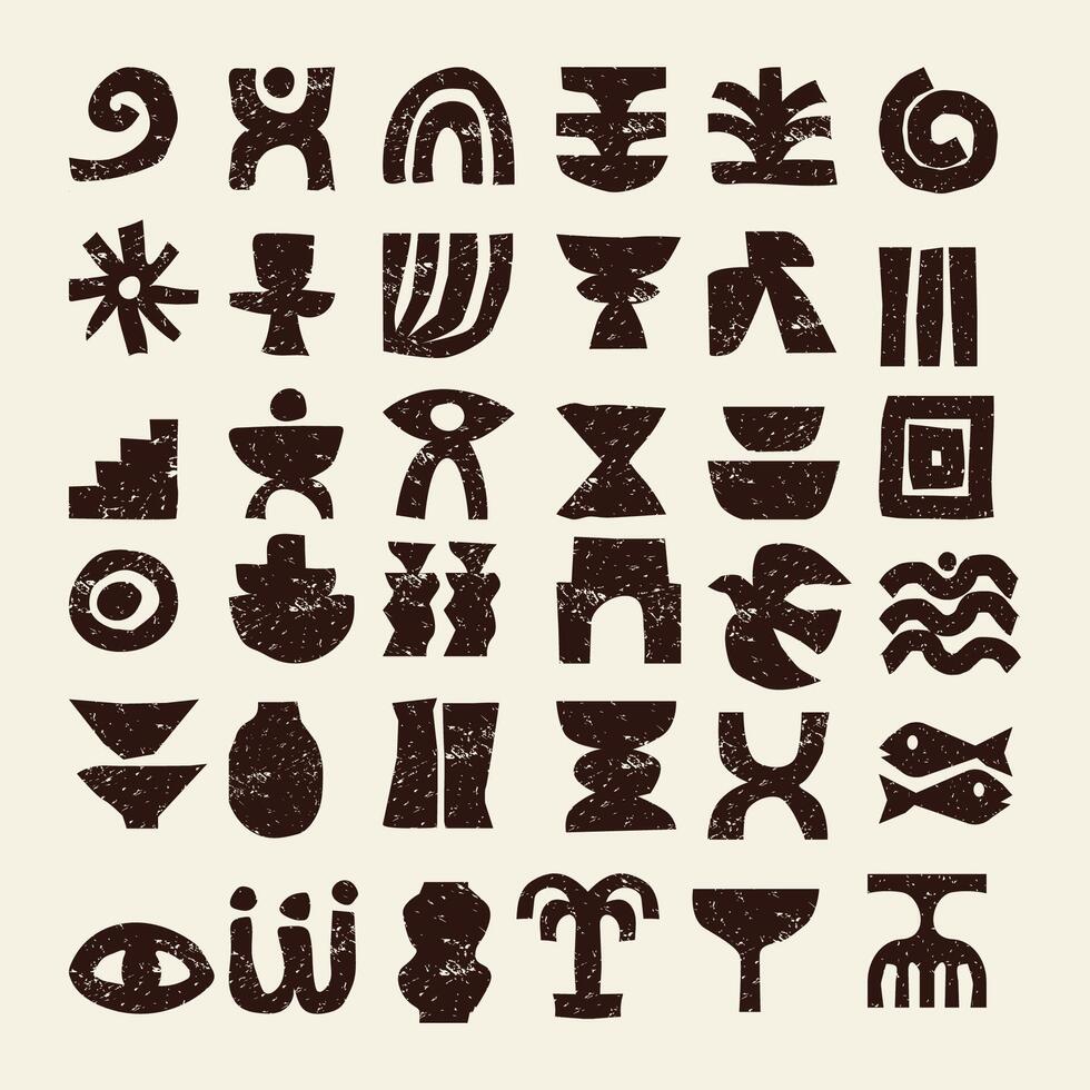 hand drawn Collection of African tribal symbols in hand drawn style. Grunge ethnic geometric icon set. vector