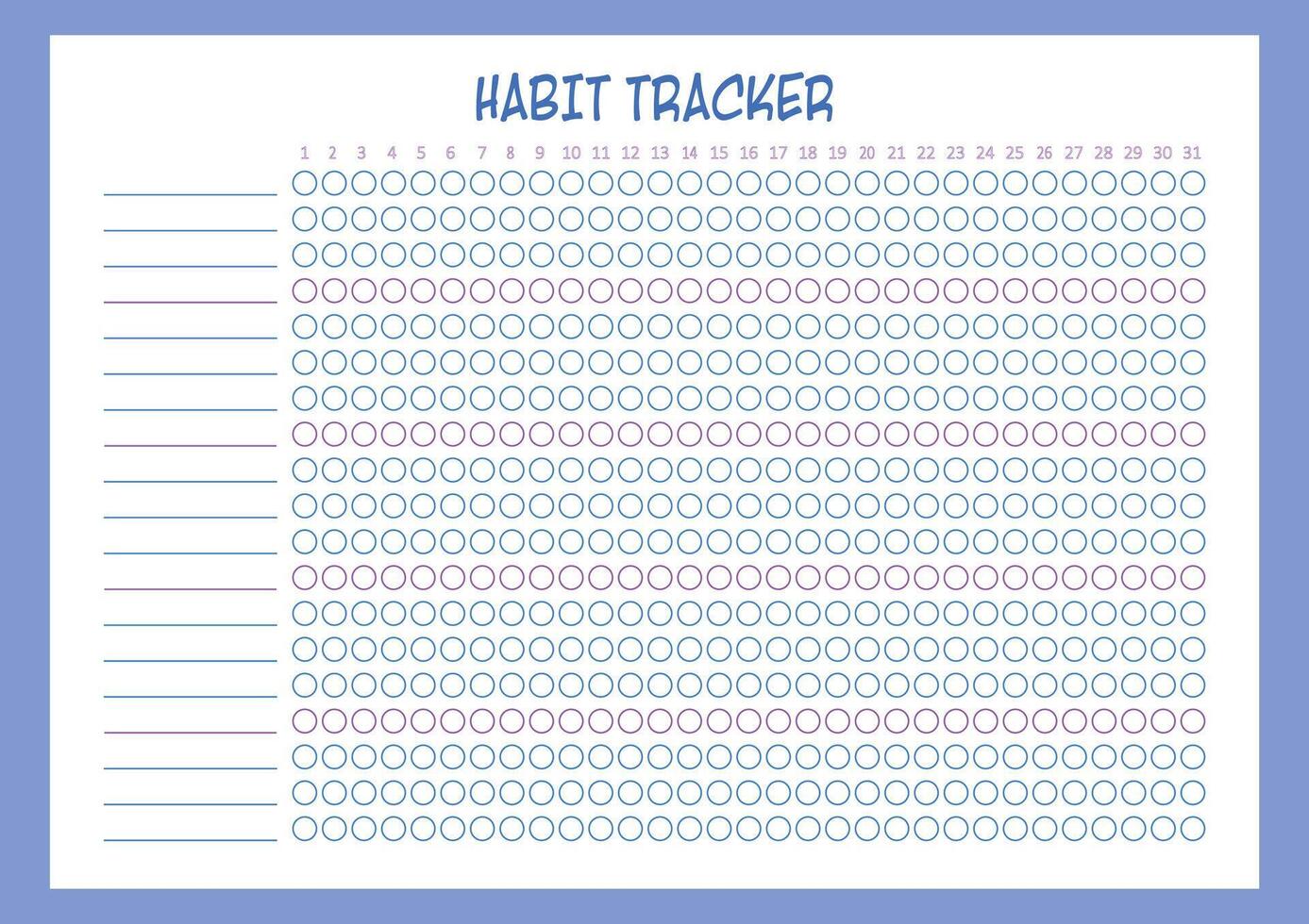 Blue habit tracker. Blank monthly checklist to-do list. Tracking habit empty planner. printable A4 vector
