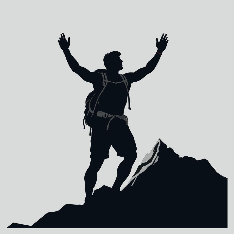 Black and White Silhouette of Fit Hiker on Mountain Summit with Backpack and Raised Hands Expressing Victory and Exploration Spirit vector