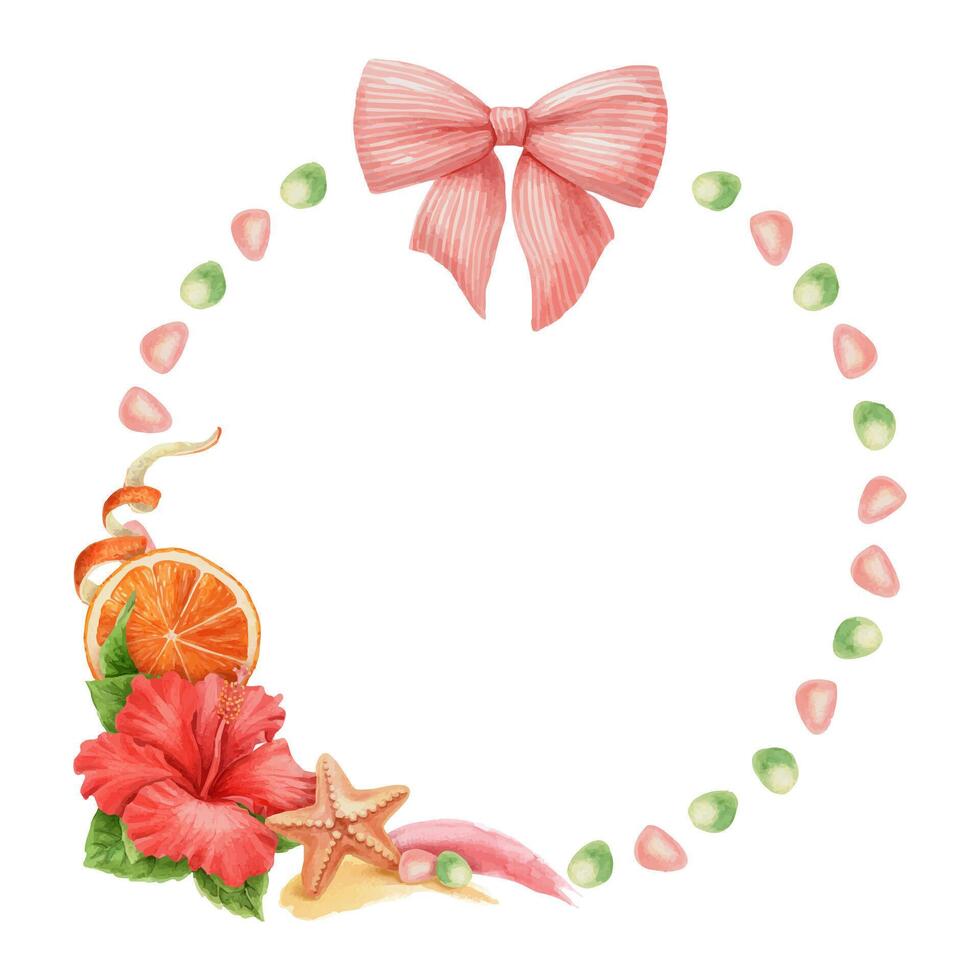 Round watercolor wreath with red hibiscus flower sea glass and starfish. Hand drawn summer design in vivid tones. Great for tropical card template holiday artwork and seasonal nature illustration. vector