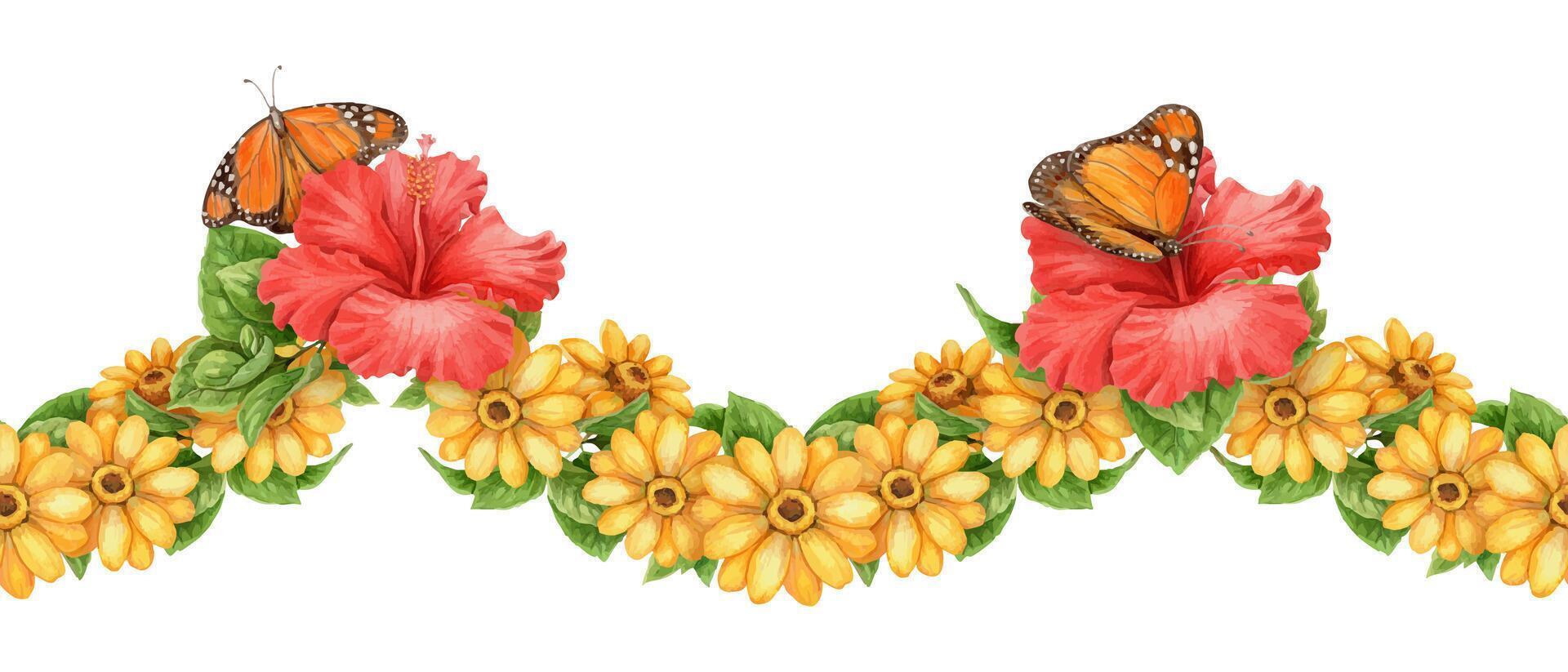 Curved seamless summer border with sunflower hibiscus and monarch butterfly. Hand drawn watercolor in vivid yellow red and green. Perfect for card design decoration and seasonal holiday template. vector