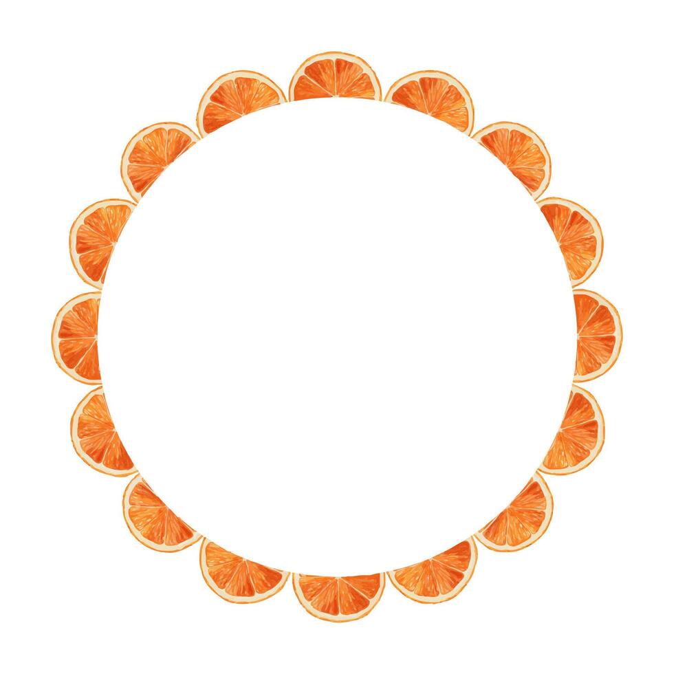 Round wreath of juicy orange half slice in hand drawn watercolor style. A bright and vibrant circular frame perfect for summer themed card, template, food presentation, and tropical holiday designs. vector