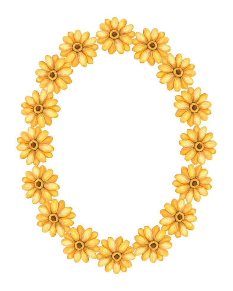 Wreath watercolor with yellow flower in oval frame. Hand drawn floral illustration with bright sunflower and botanical bloom and petal elements. Perfect for summer card template and holiday design. vector