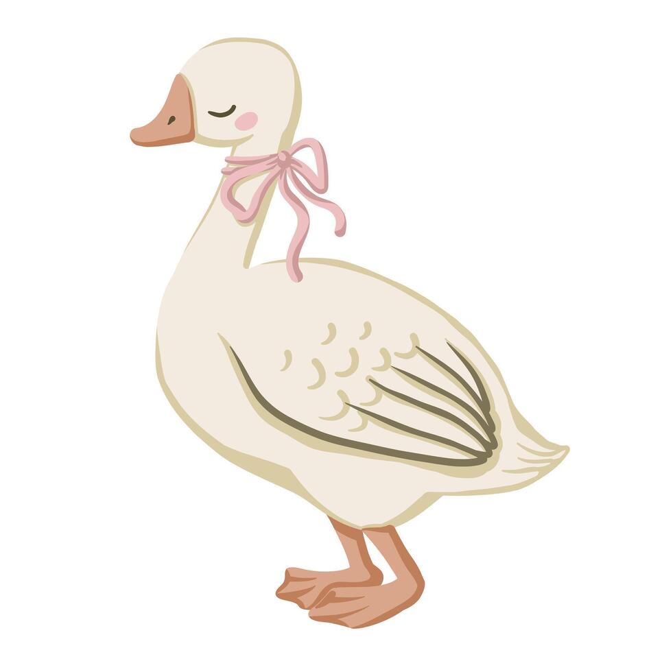 Cute goose character with pink bow in flat cartoon style. Hand drawn white bird with simple design perfect for nursery print book illustration and web. Ideal for child and baby concept art. vector
