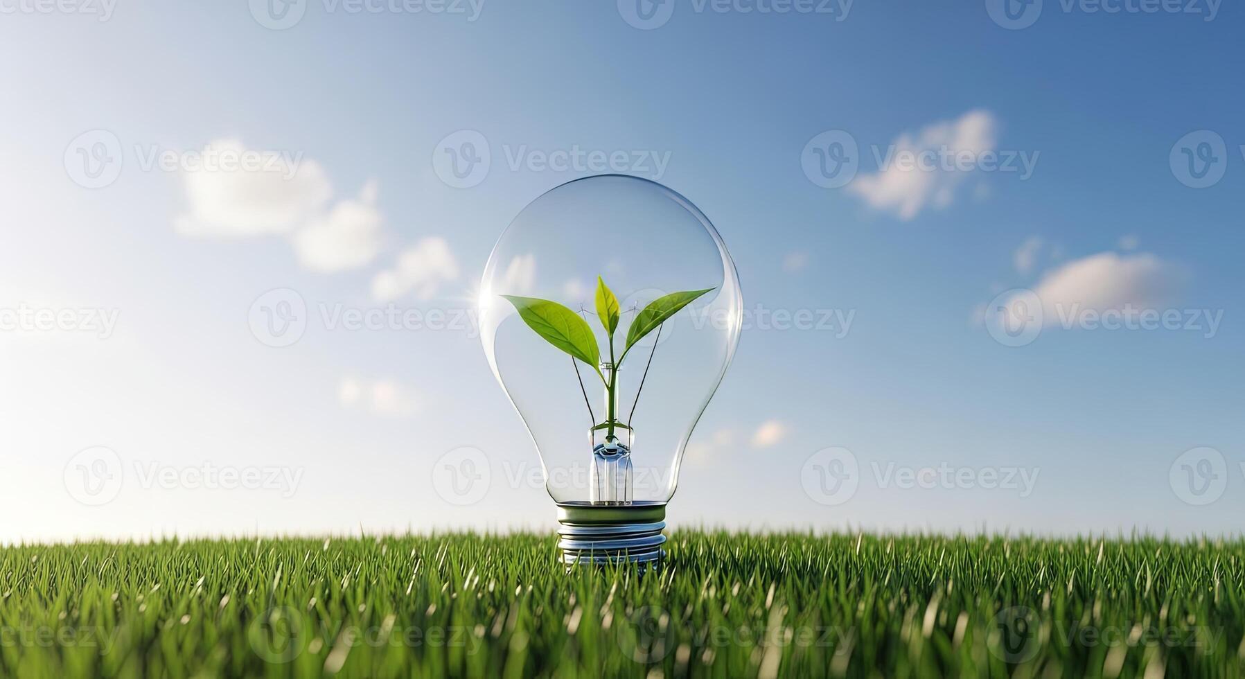 Lightbulb with a green plant inside sits in a field of grass image photo