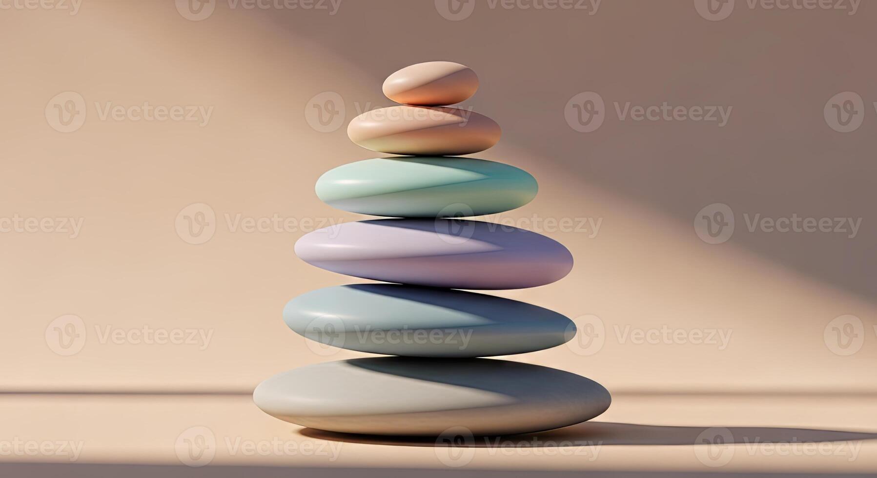 Stacked smooth pastel colored stones creating a balanced zen tower with soft light photo