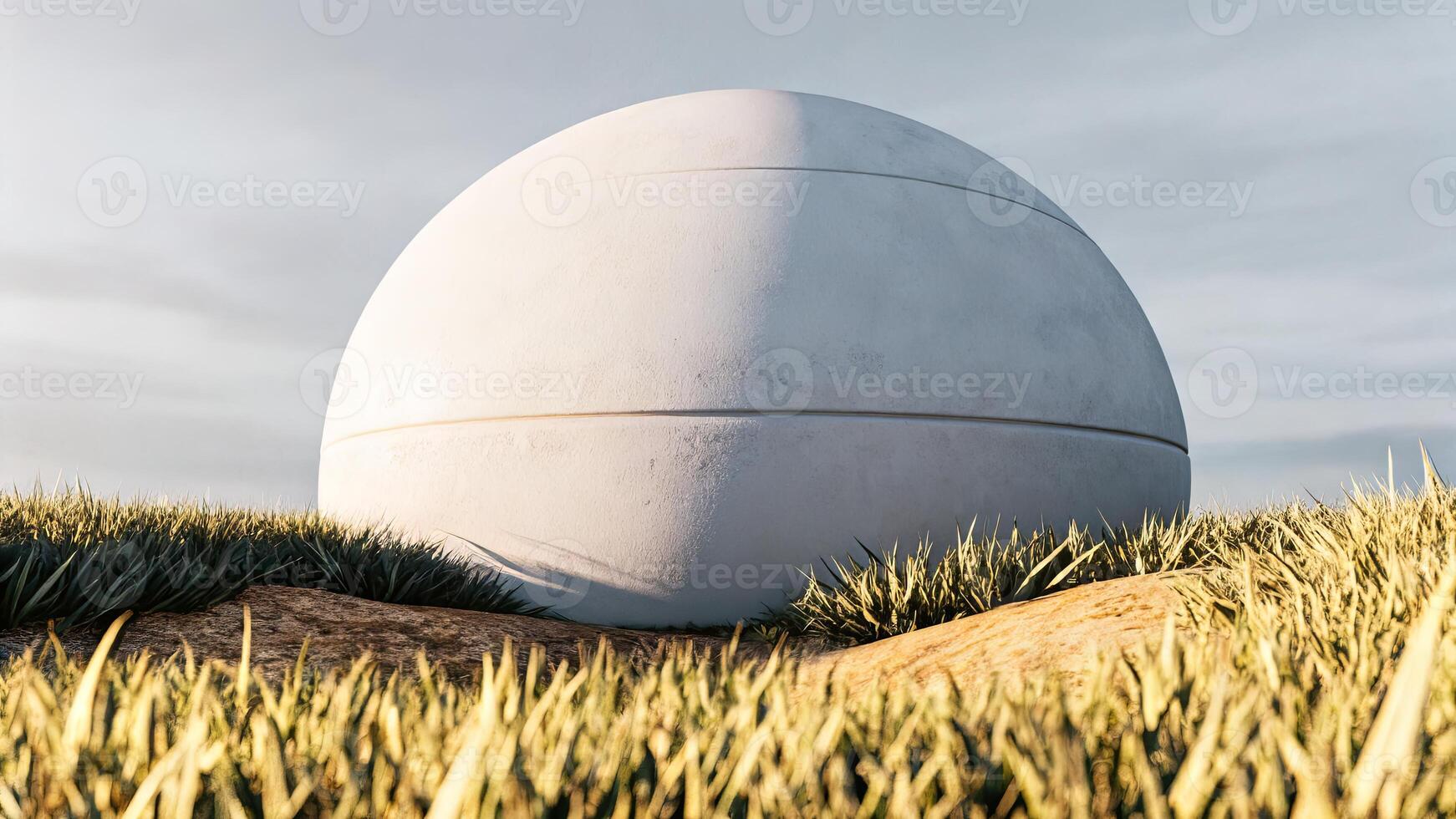 Futuristic white dome structure emerges from dry grass under a cloudy sky photo