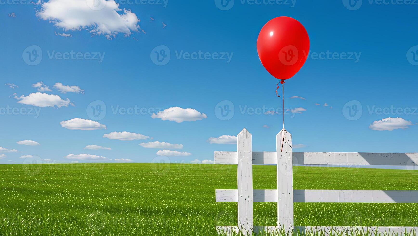 A solitary red balloon floats above a white fence in a vast green field under a blue sky photo