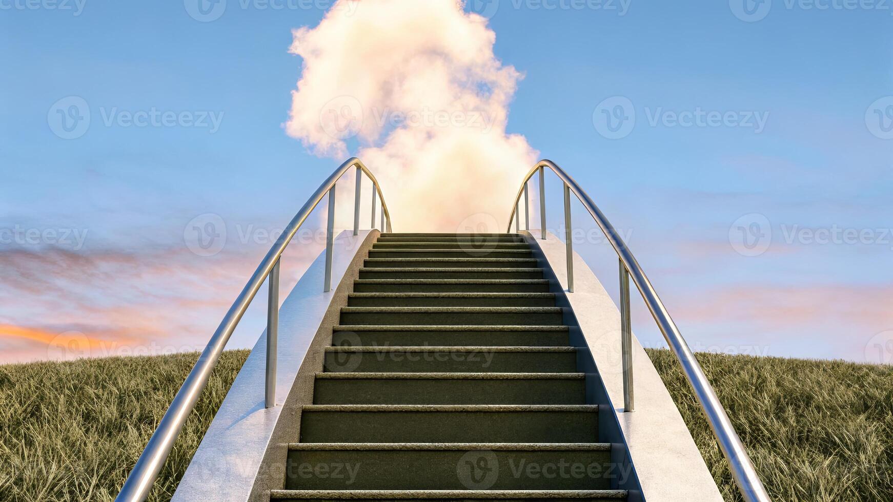 Stairway to heaven leads upward through clouds and golden sky photo