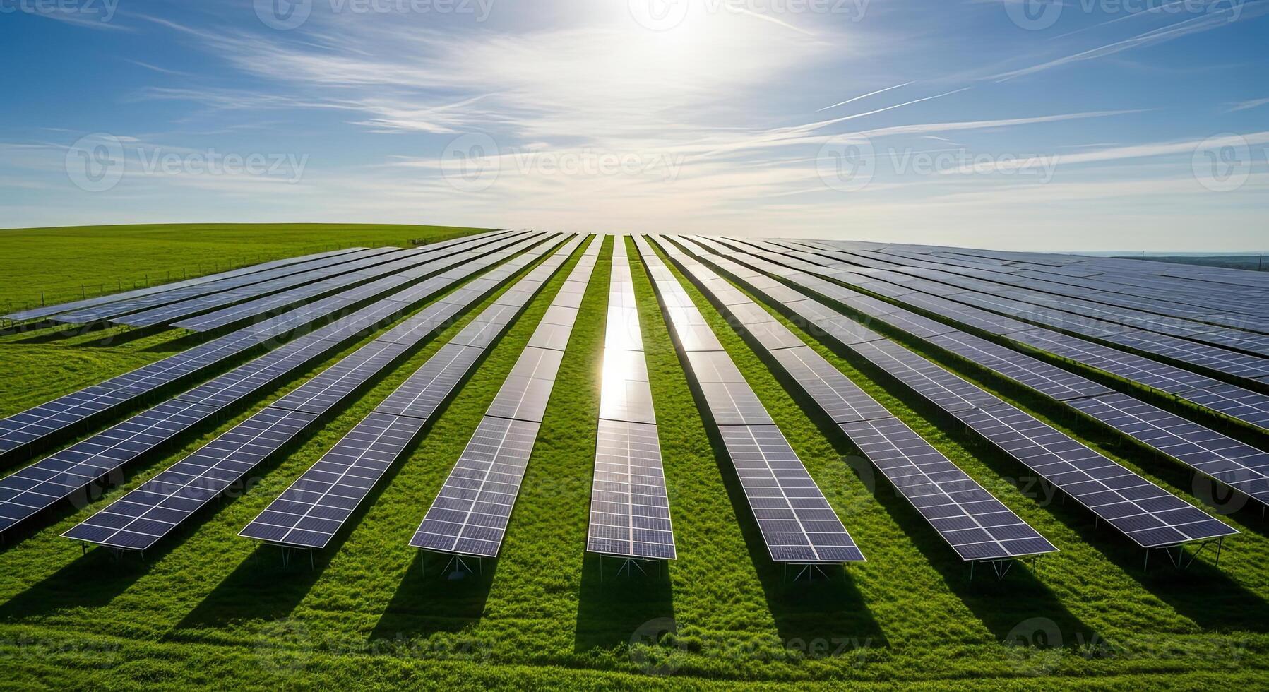 Rows of solar panels in a vast green field under a bright sun photo