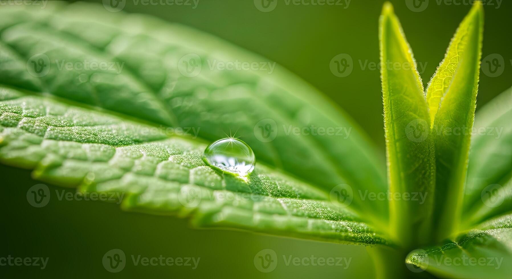 A sparkling dewdrop sits on a bright green leaf photo