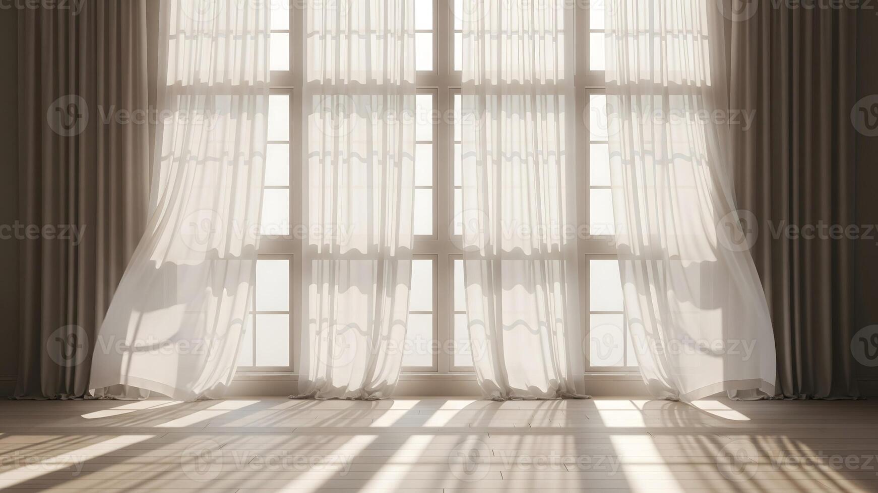 Sunlit Window with Flowing Curtains and Shadows, Peaceful Interior Background photo
