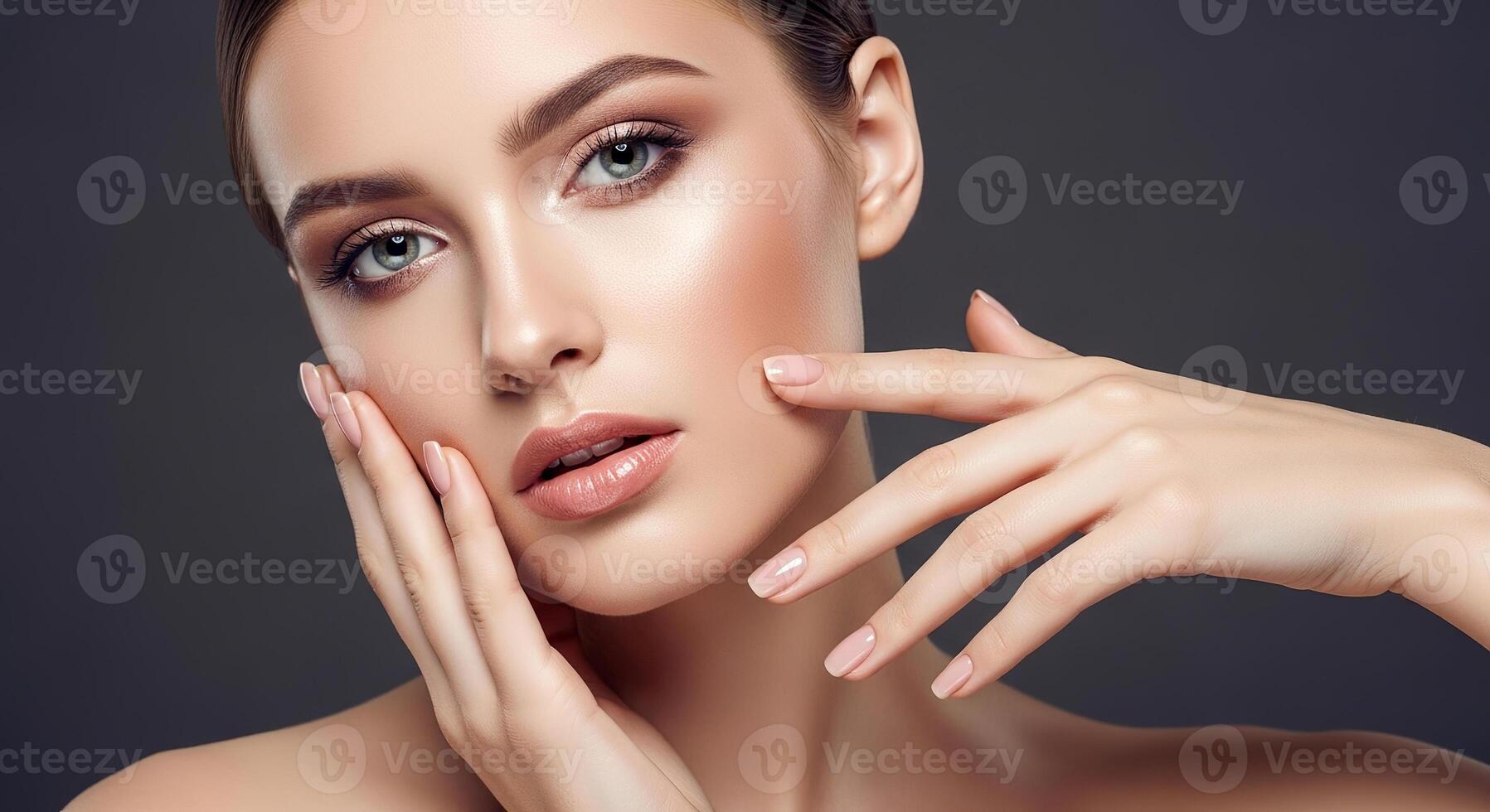 Stunning Close-up Portrait of a Woman with Perfect Makeup and Manicured Nails Beauty, Elegance, and Skincare photo