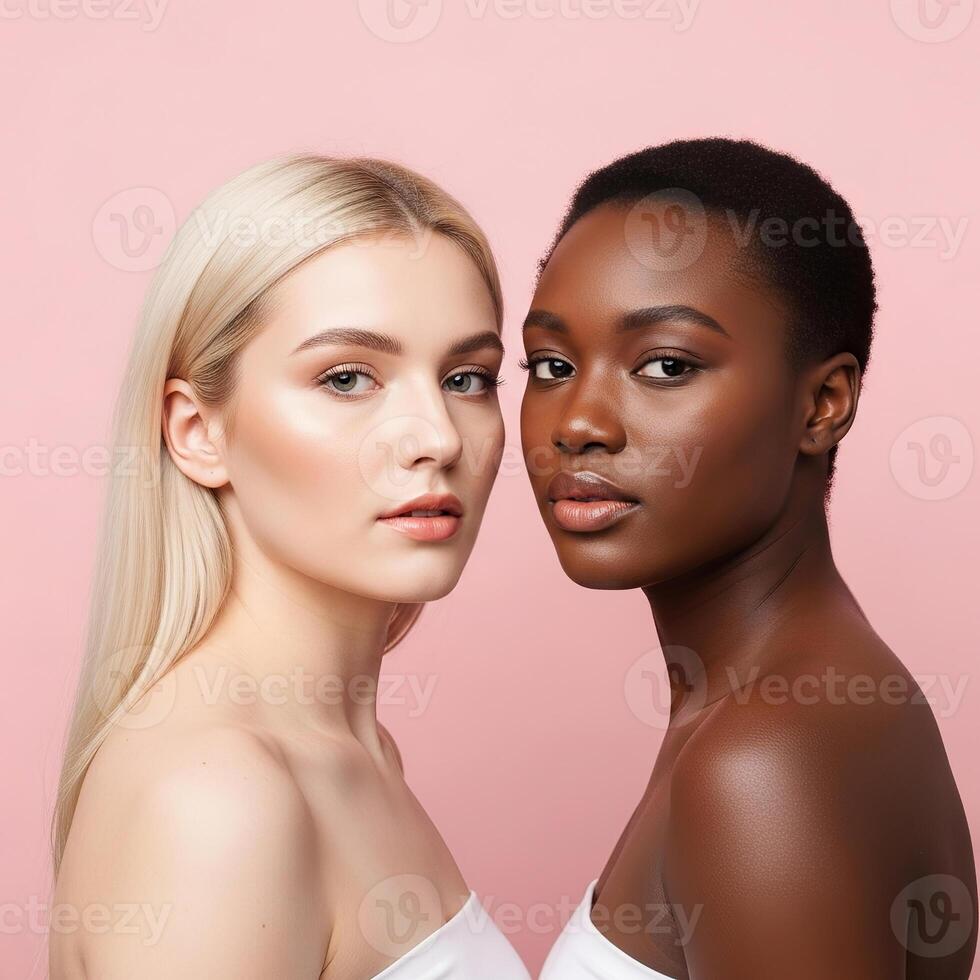 Portrait of Two Young Women with Different Skin Tones, Representing Beauty Diversity and Inclusion photo