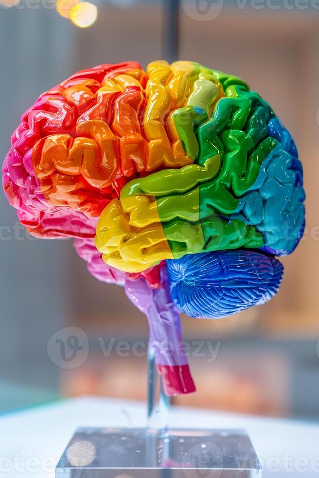 A colorful brain model is displayed on a stand photo