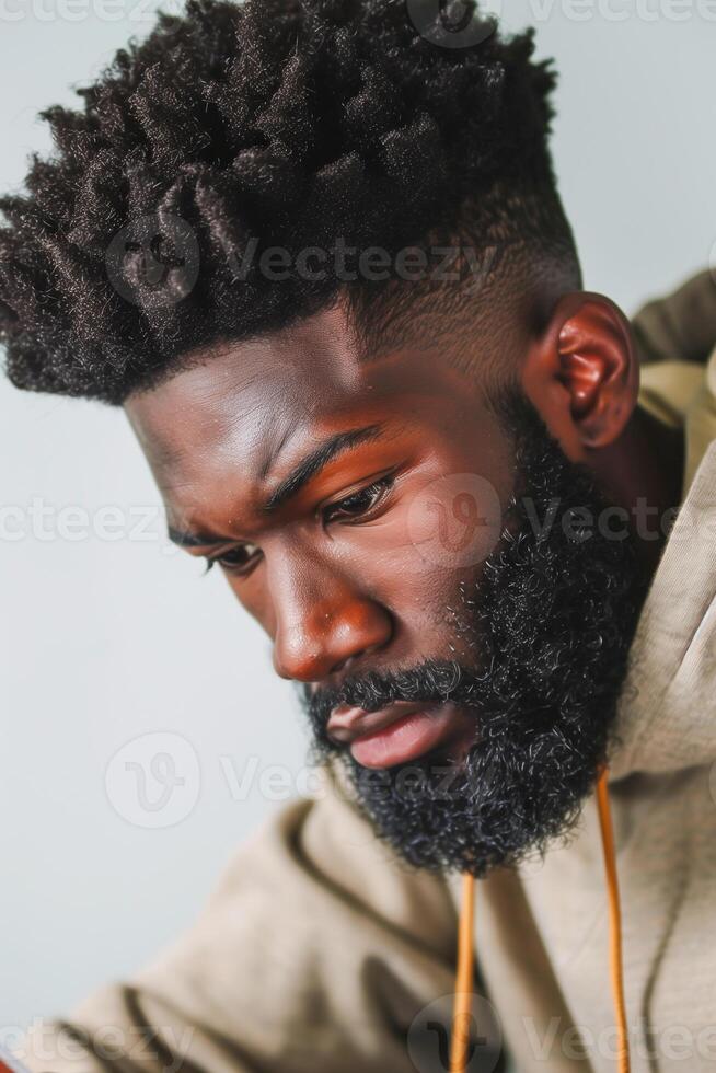 Man with a beard and dreadlocks is wearing photo