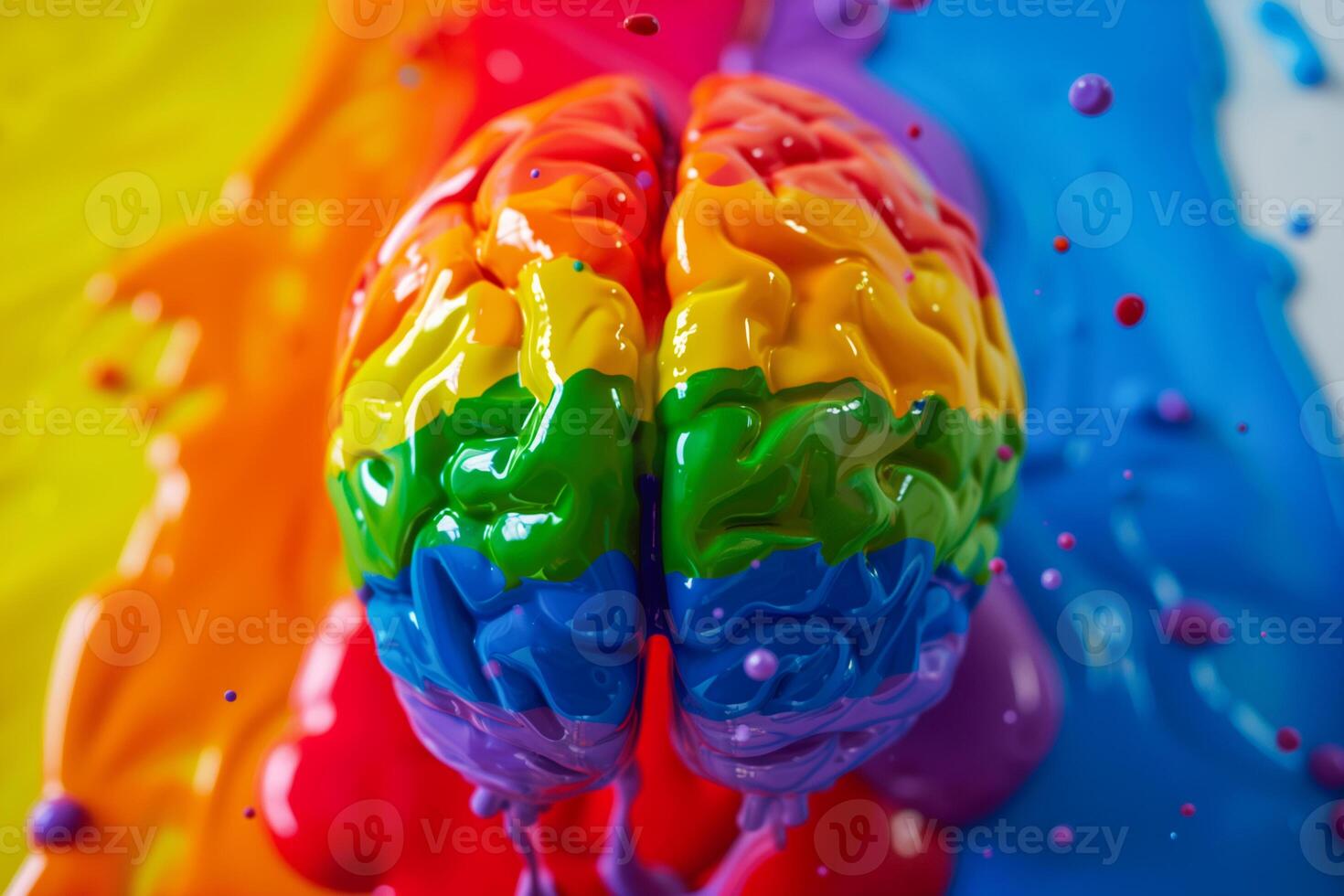 A brain with rainbow colors splattered on it photo