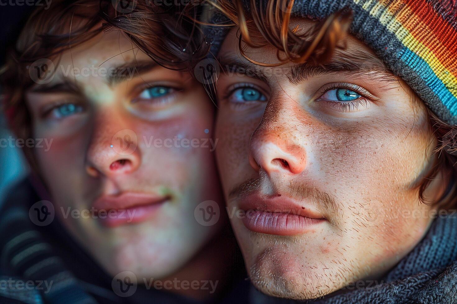 Two men with blue eyes and beards are standing next to each other photo