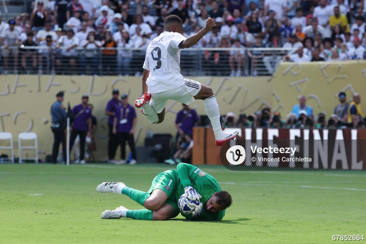 Real Madrid CF forward Kylian Mbappe (9) jumps over Paris Saint-Germain ...