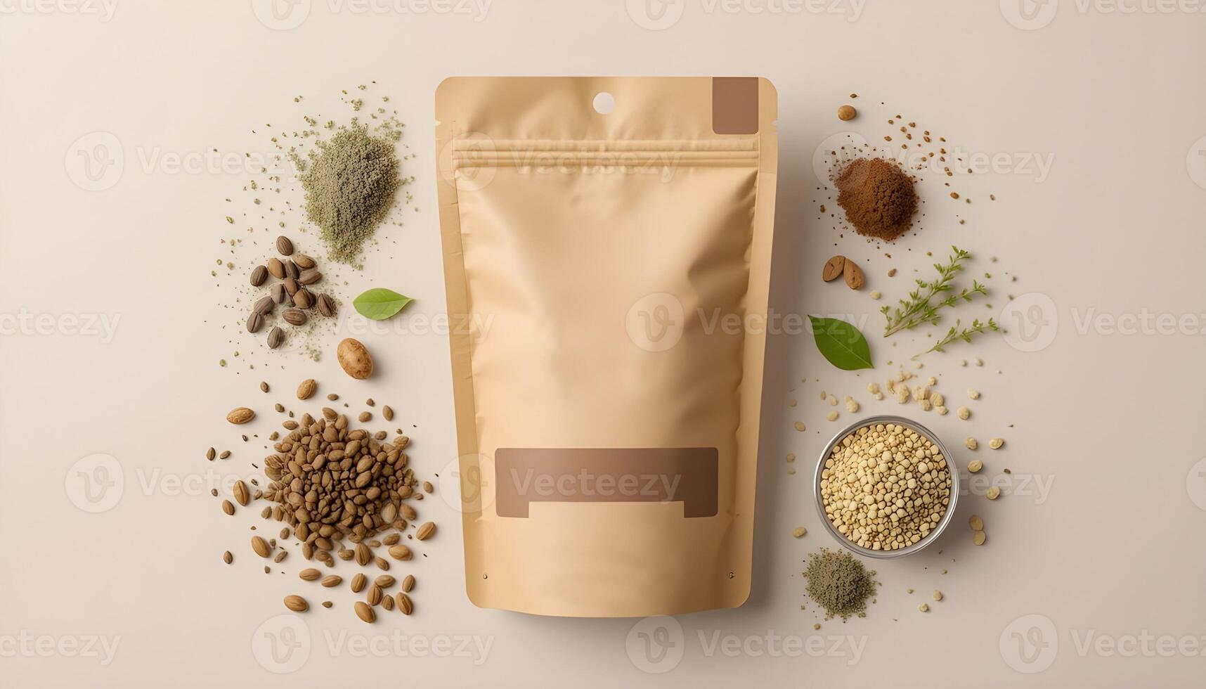 Kraft Paper Pouch Food Packaging Mockup with Ingredients photo