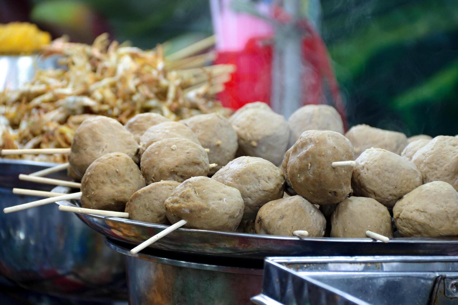 Meatball Skewers on a Metal Tray Street Food photo