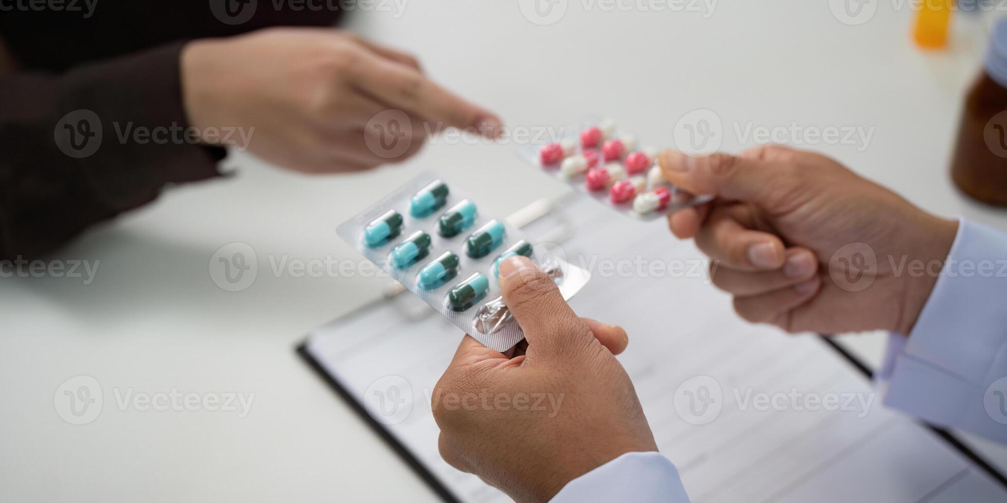 Patient Consultation and Medication Discussion. Doctor explaining medication options to patient. photo