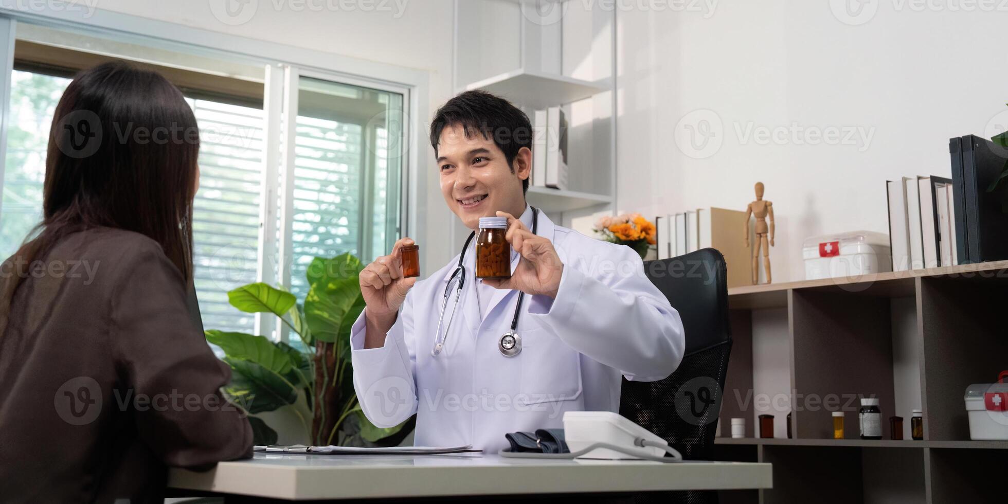 Patient Interaction. Doctor explaining medication to patient in a healthcare environment. photo