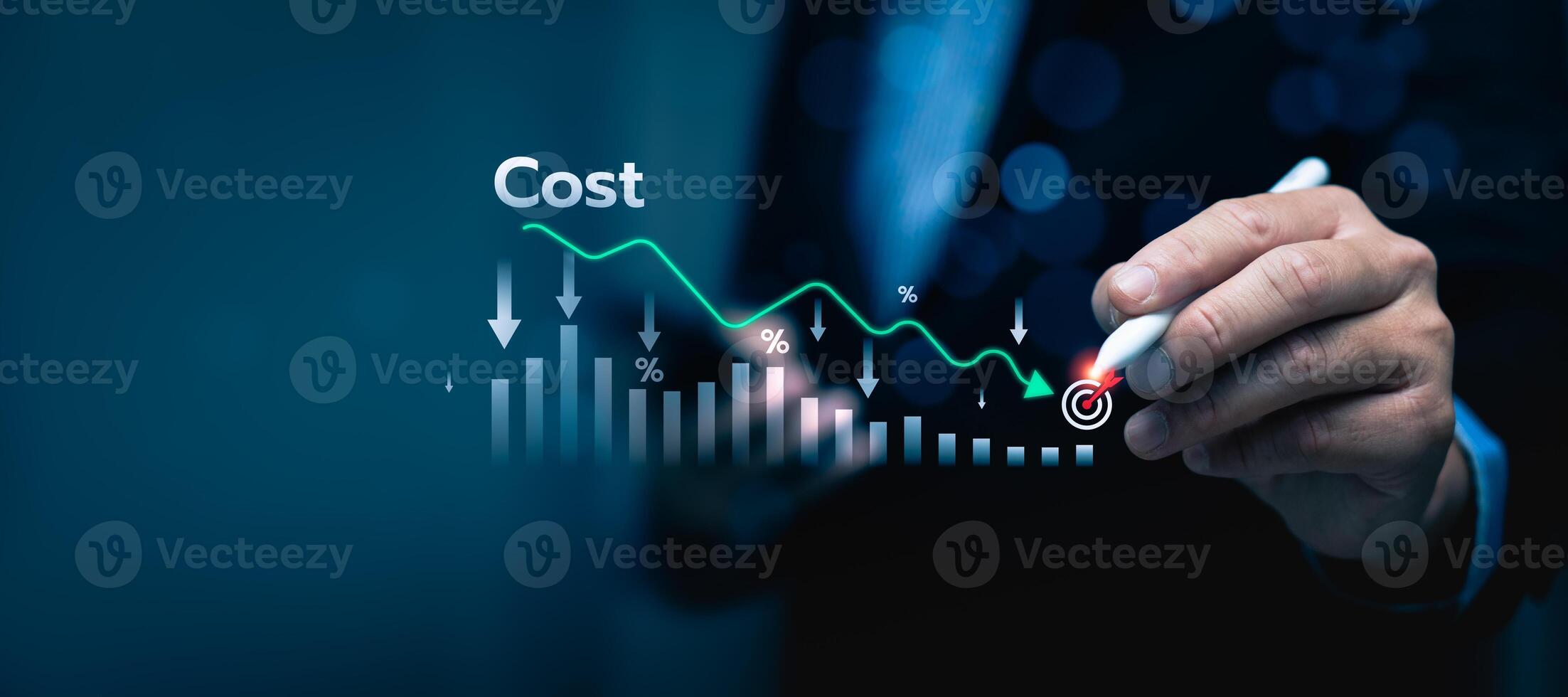 Businessman Planning Cost Reduction Strategy with Analytics and Target Icon on Digital Graph Chart, Business Budget Management, Financial Efficiency and Profit Optimization Concept photo