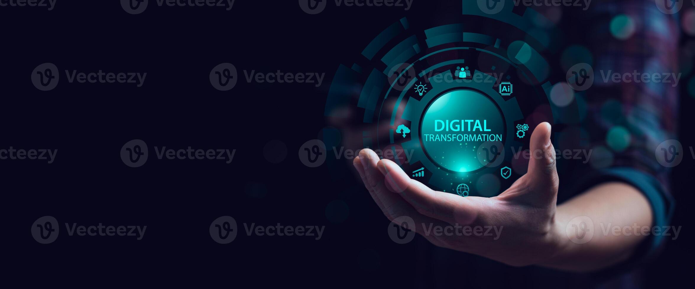 Hand holding glowing digital transformation icon with futuristic technology interface, AI chip, cloud computing, analytics and automation concept for innovation, smart business and digital strategy photo