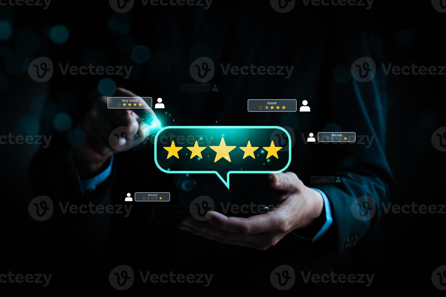 Customer review and online rating concept with businessman giving five-star feedback on digital platform. User experience, satisfaction evaluation, service quality, and reputation management system. photo
