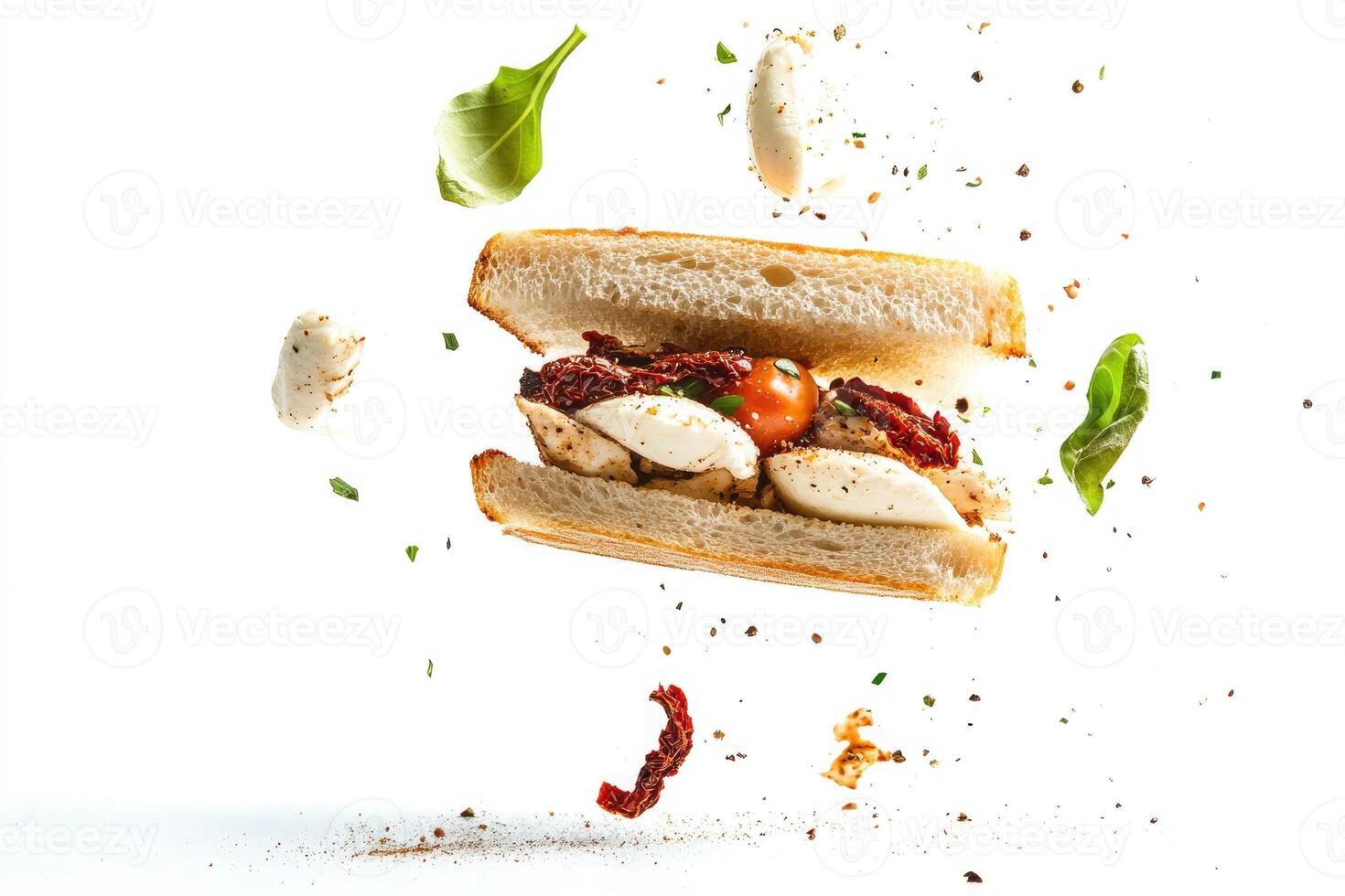 A sandwich with chicken, sun-dried tomatoes, and fresh greens is suspended in mid-air. Ingredients are scattered around, creating a dynamic food scene. photo