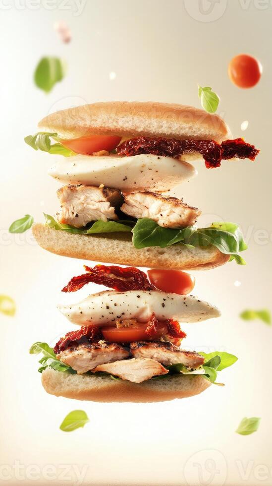 A stacked sandwich with layers of chicken, lettuce, tomato, and sun-dried tomatoes. Ingredients are floating around, creating a dynamic food scene. photo