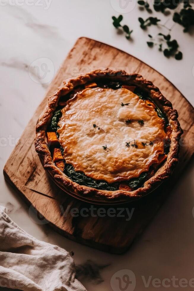 Vegetable pie on wooden cutting board photo