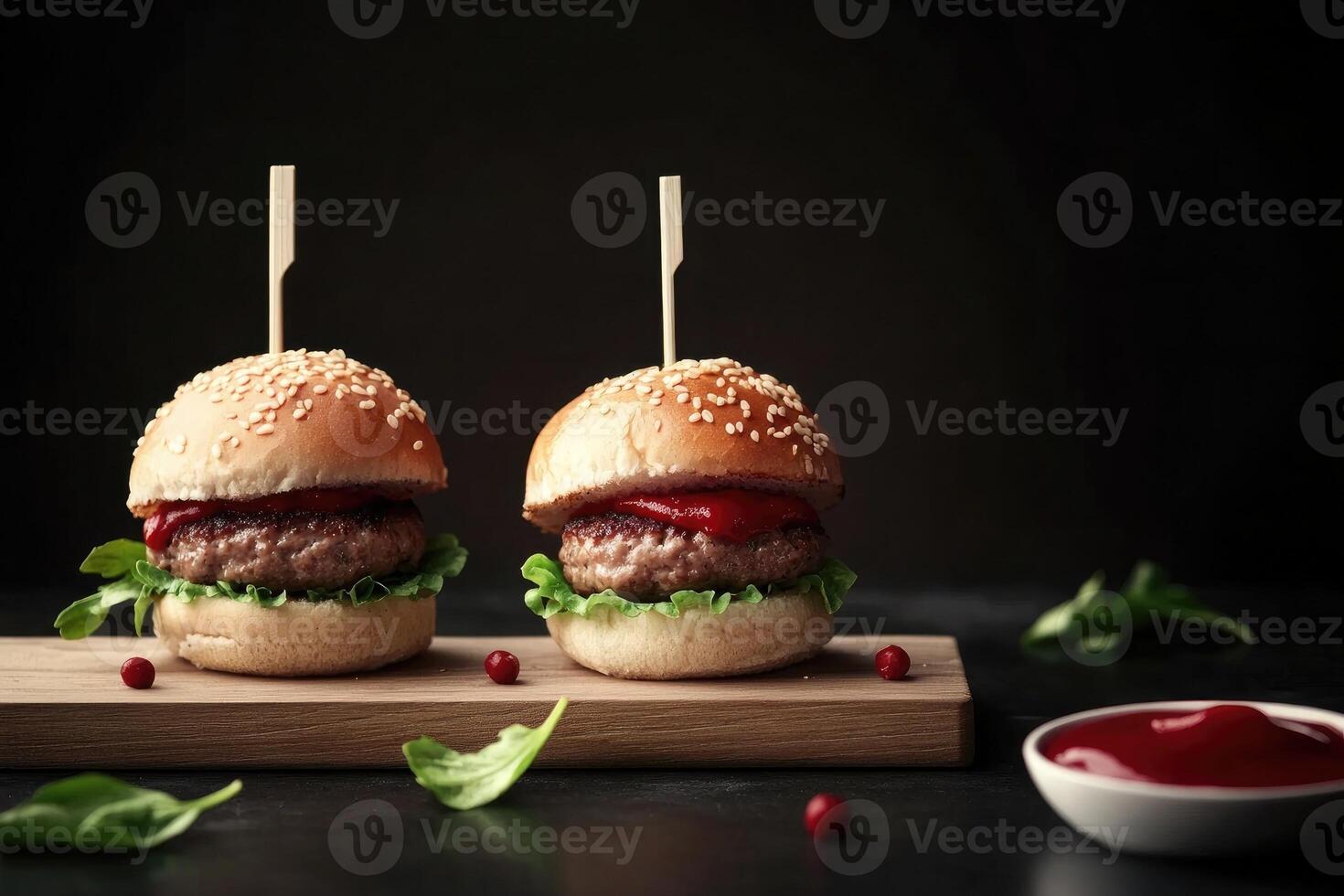Two sesame seed burgers on a wooden board. Each burger has lettuce, ketchup, and a toothpick. A small bowl of ketchup is beside them. photo