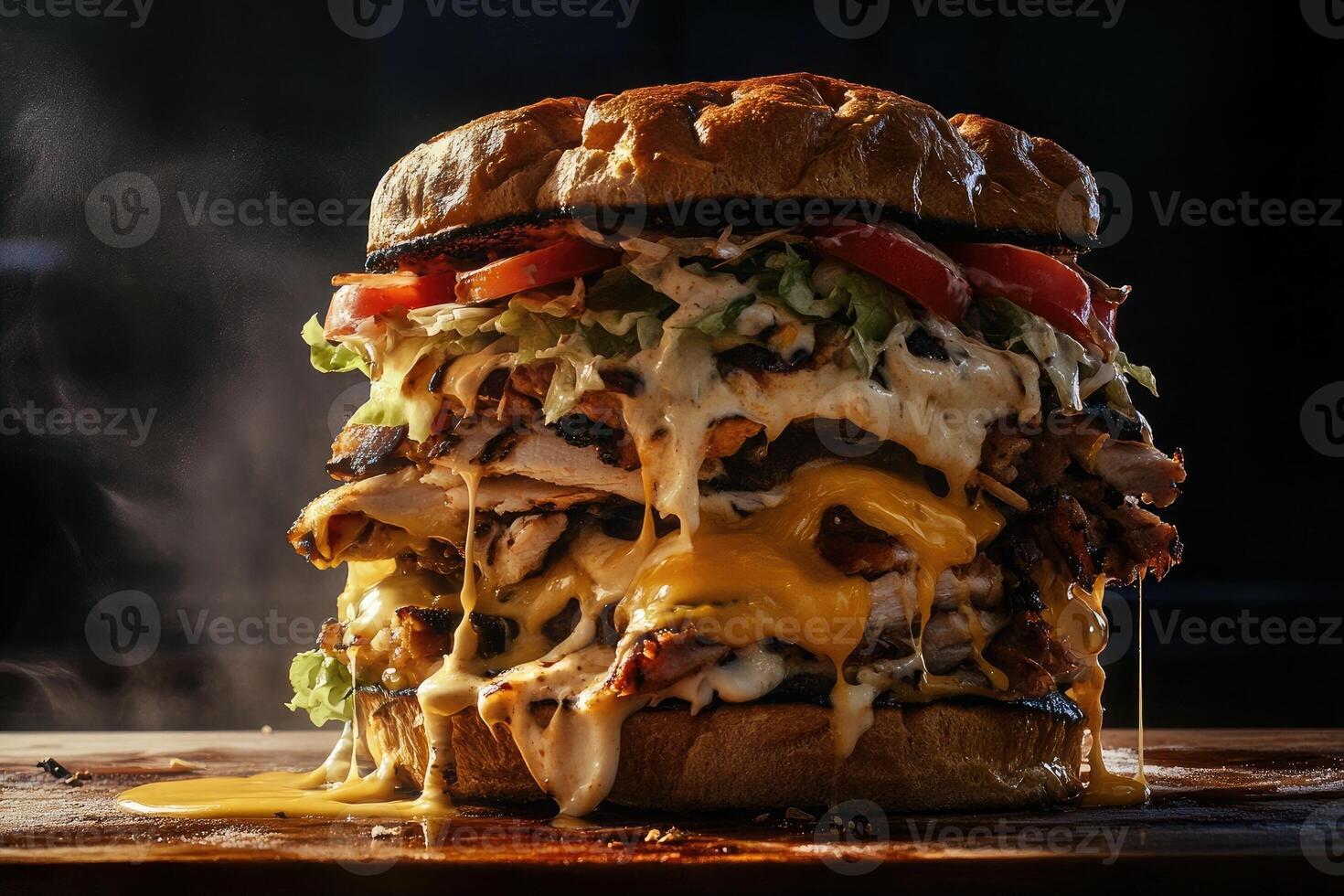 A large, stacked burger with melted cheese, lettuce, tomatoes, and grilled meat. The burger is juicy and dripping with sauce, set against a dark background. photo
