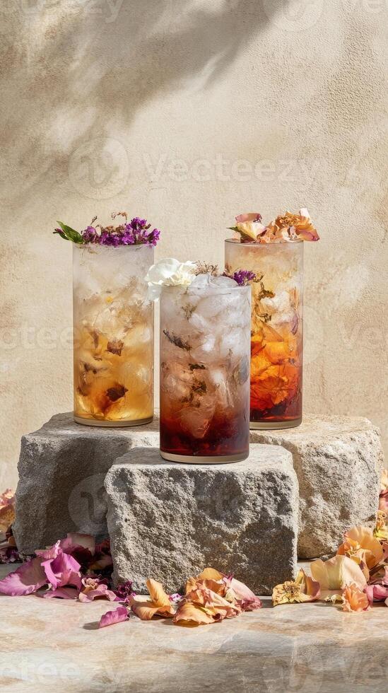 Floral drinks on a stone pedestal photo