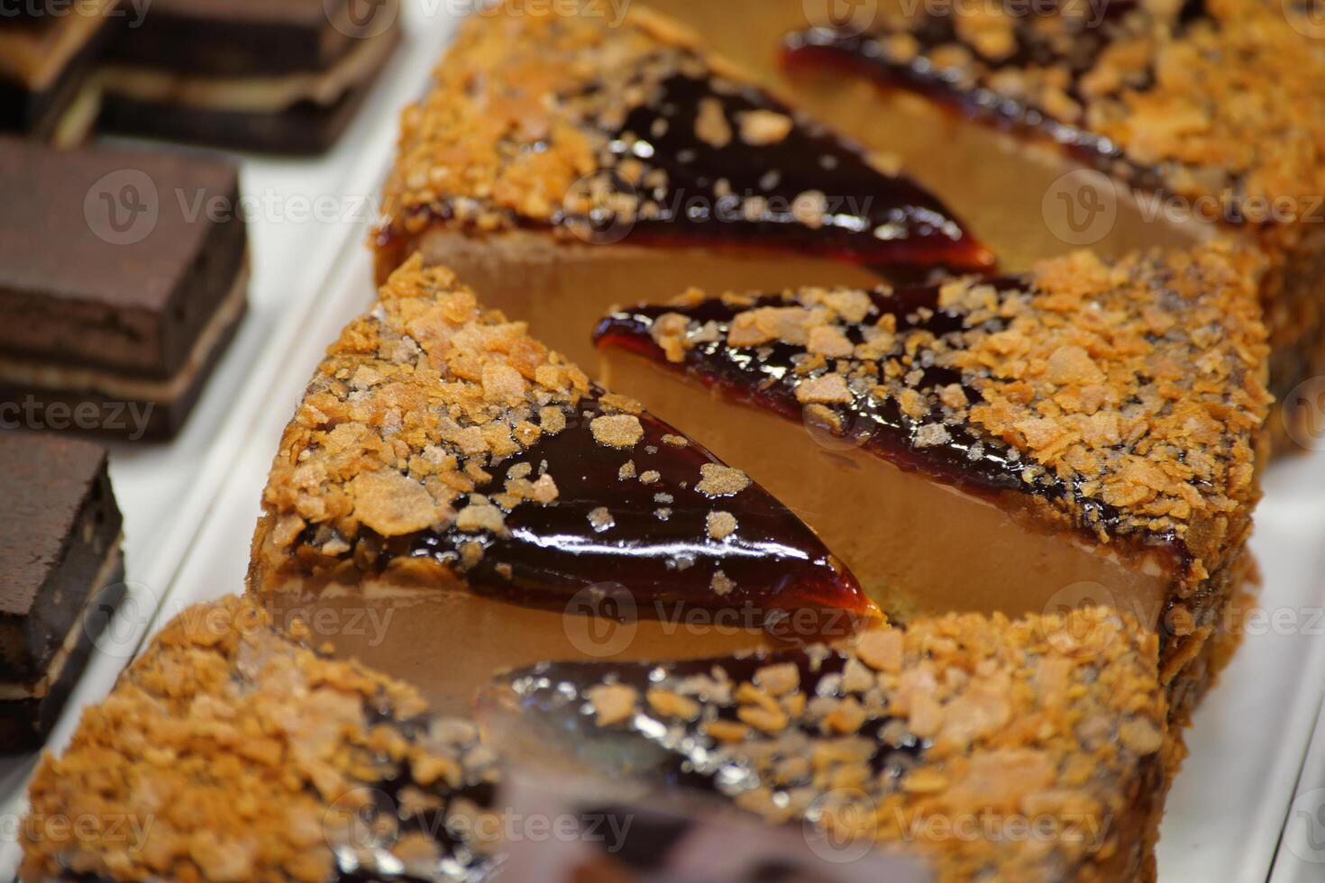 Delightful dessert display featuring layered gelatin treats photo