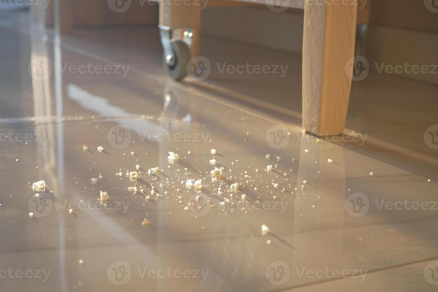 Crumbs scattered on shiny floor near wooden furniture photo