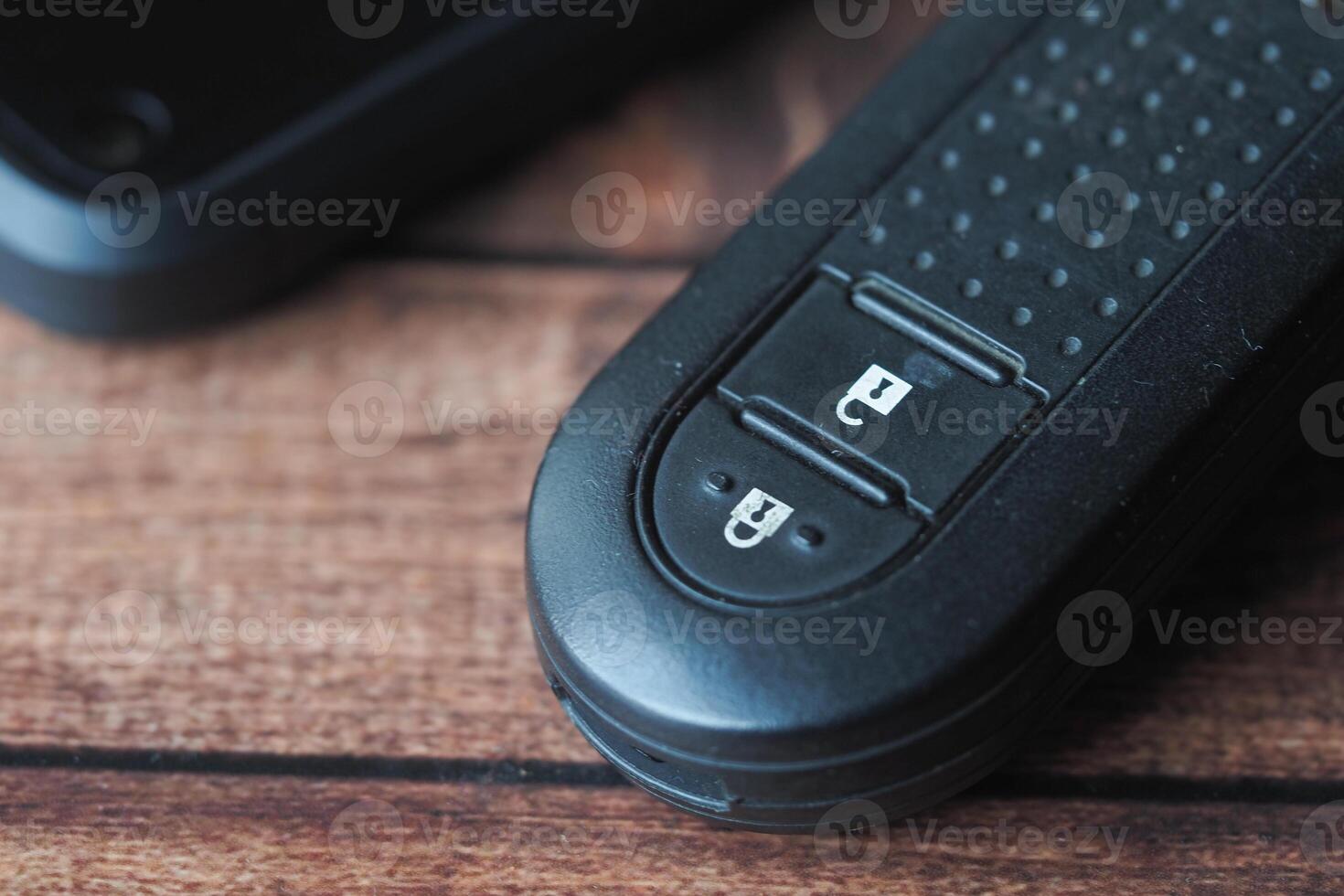 Close-up of black remote control on wooden table photo