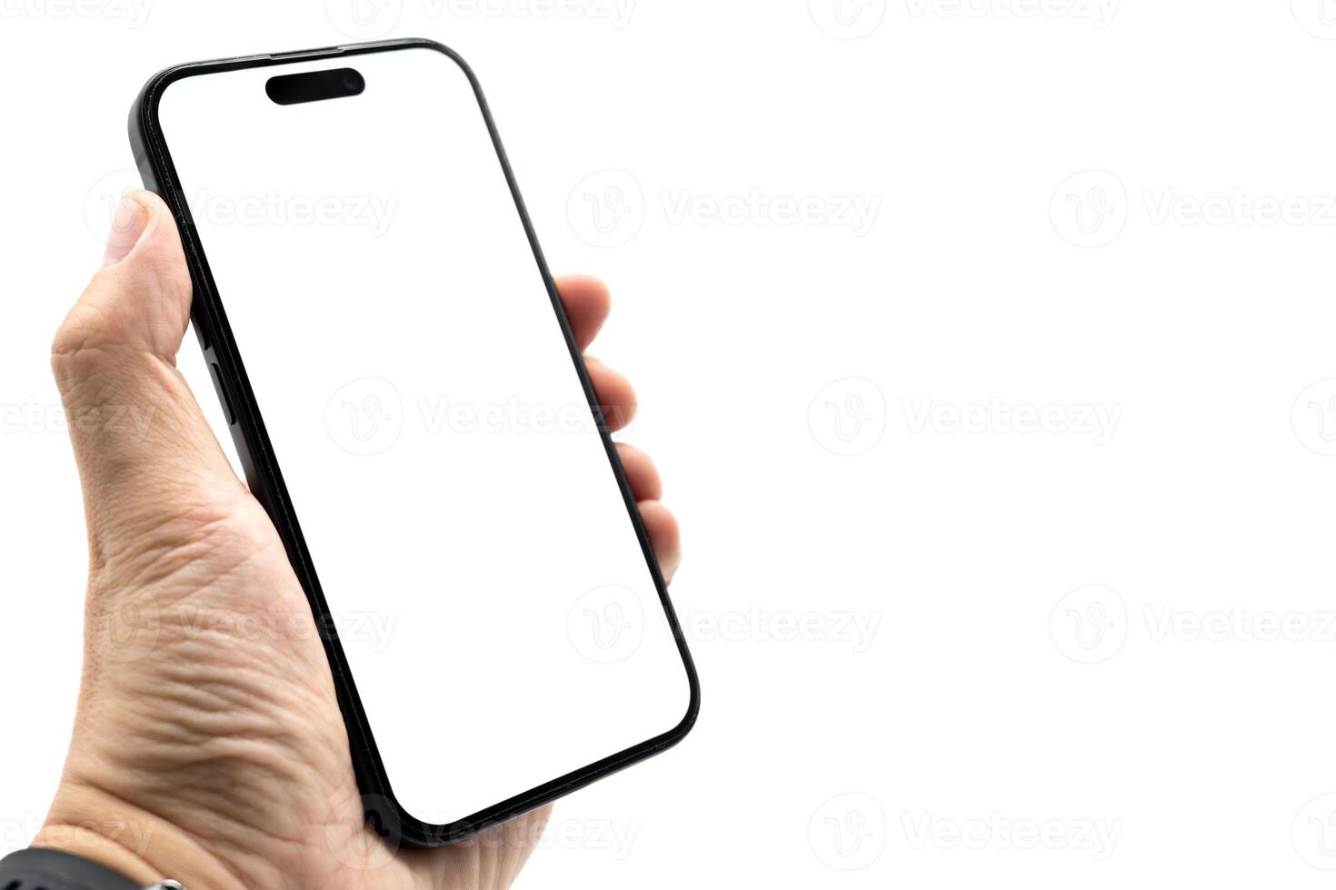 Hand Holding Smartphone with Blank Screen for Mockup and App Presentation. perfect for app presentation, UI UX design, advertising. Copy space. isolated on white with clipping path photo