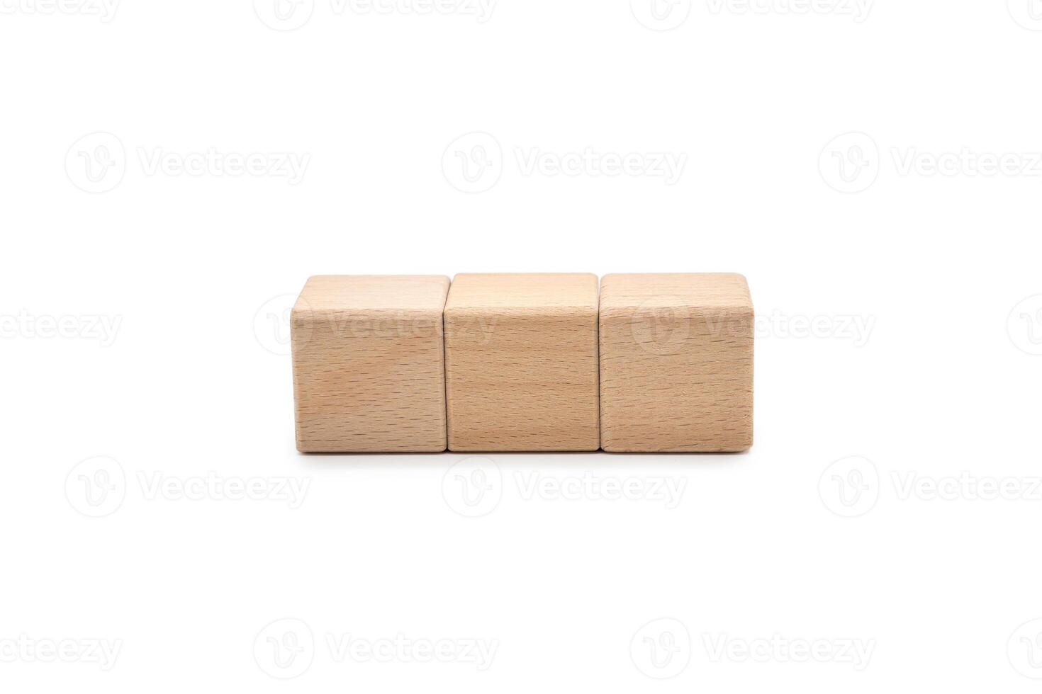 Three Blank Wooden Blocks for Custom Text or Icons. Wood blocks arranged horizontally isolate on white background with clipping path. ideal for adding custom text, numbers or symbols. photo