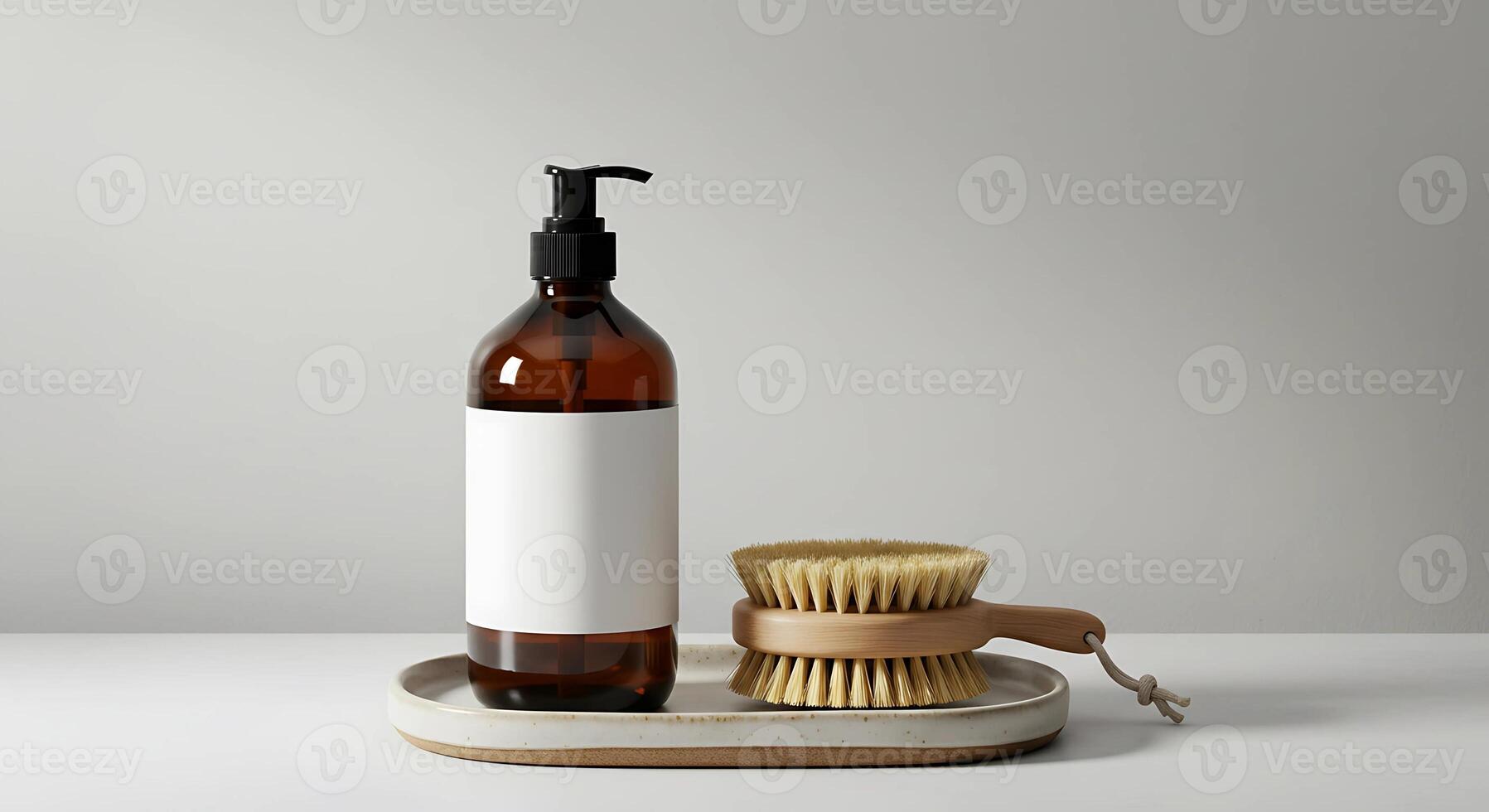 soap bottle mockup with blank label and a natural wooden scrub brush photo