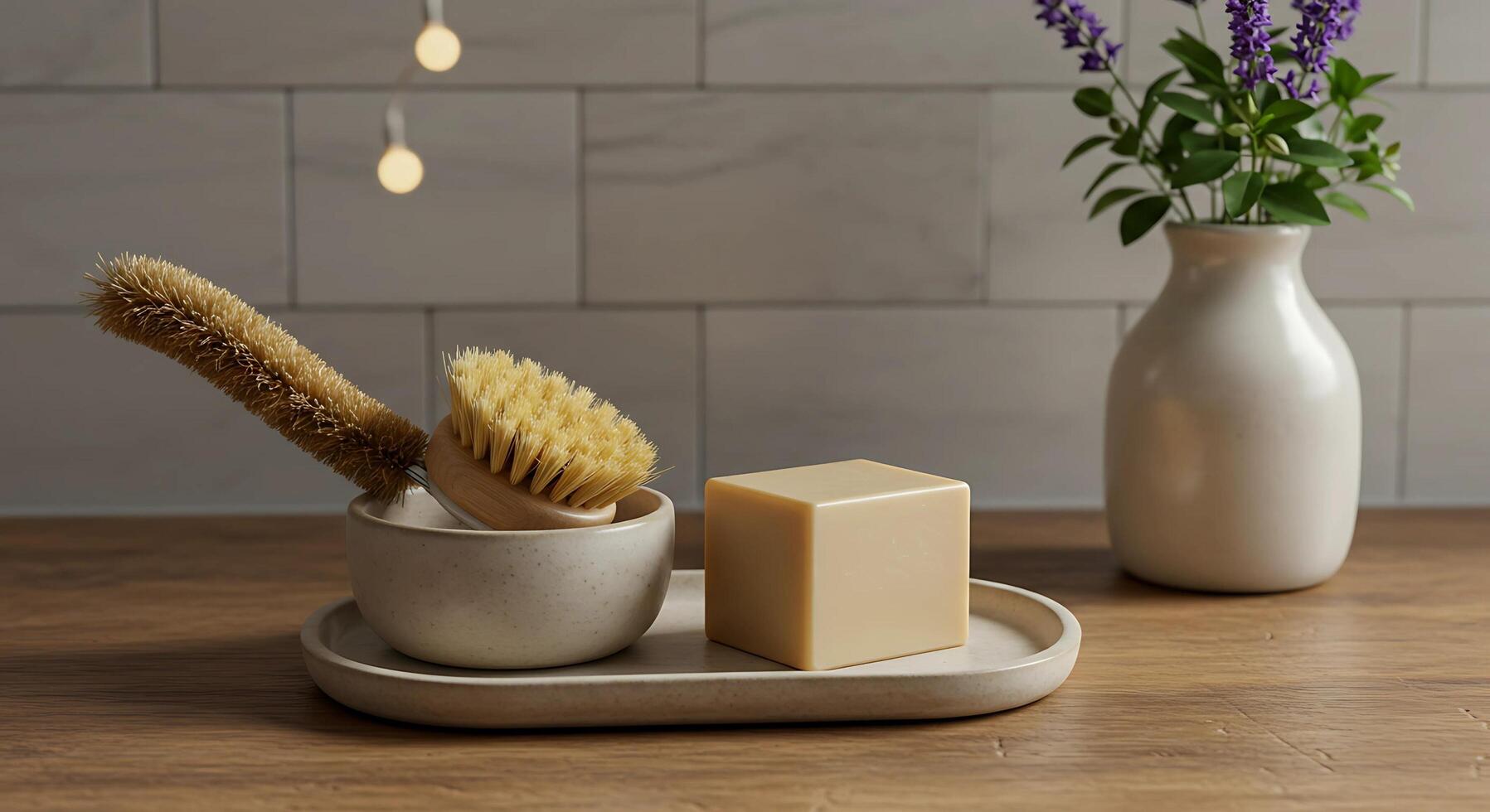organic soap with body brush, Bath accessories in the bathroom photo