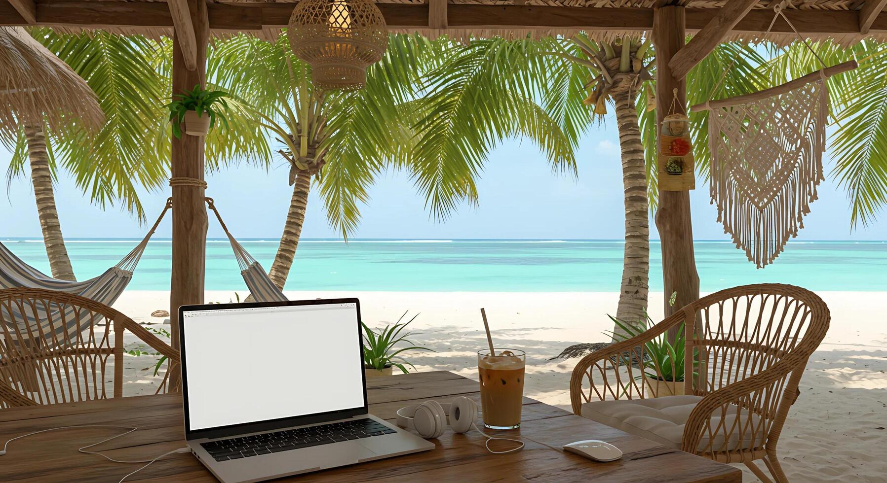 Digital nomads remote working on cafe beach. photo
