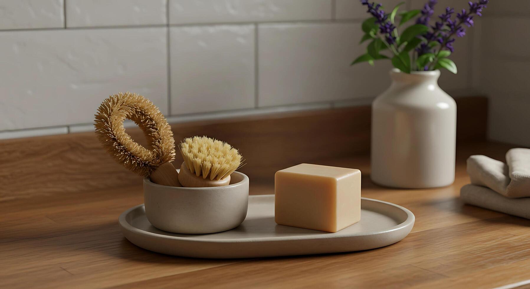 organic soap with natural wooden brush rustic bathroom photo