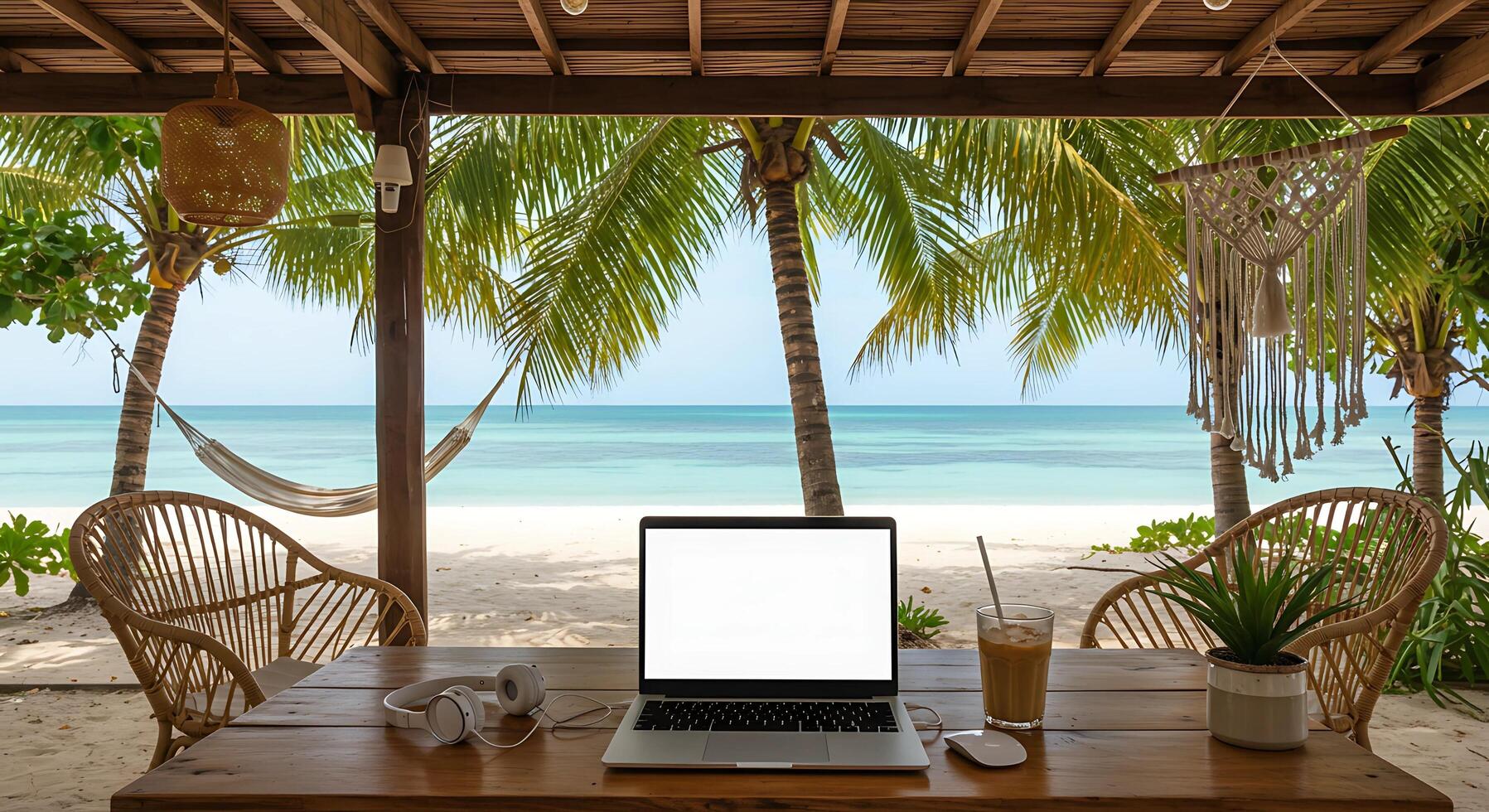 Digital nomads lifestyle, remote working on cafe on the tropic island exotic beach. photo