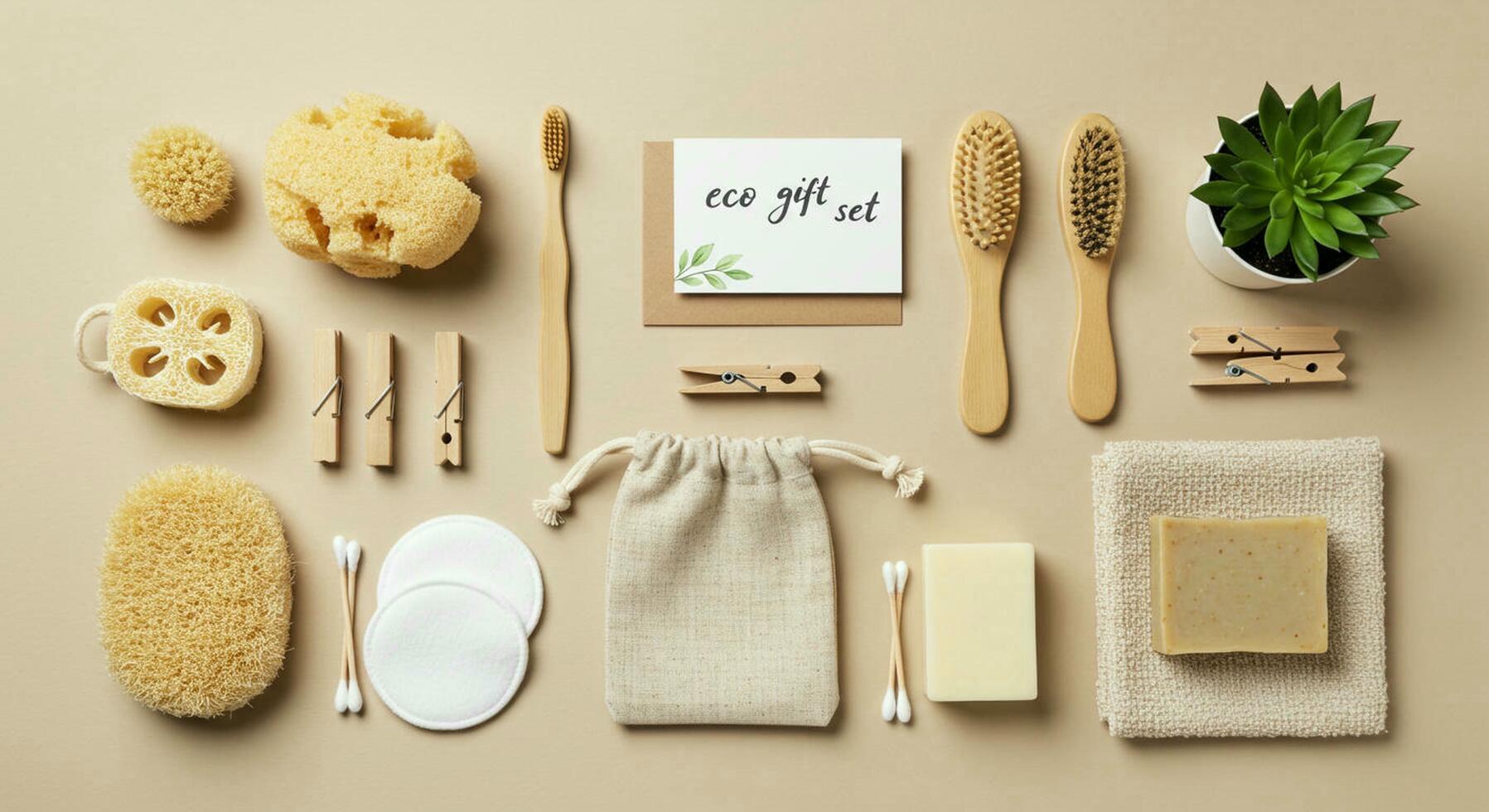 flatlay with natural biodegradable accessories. Bamboo toothbrushes, bamboo comb, cotton buds pads, hygiene products luffa, eco gift set photo