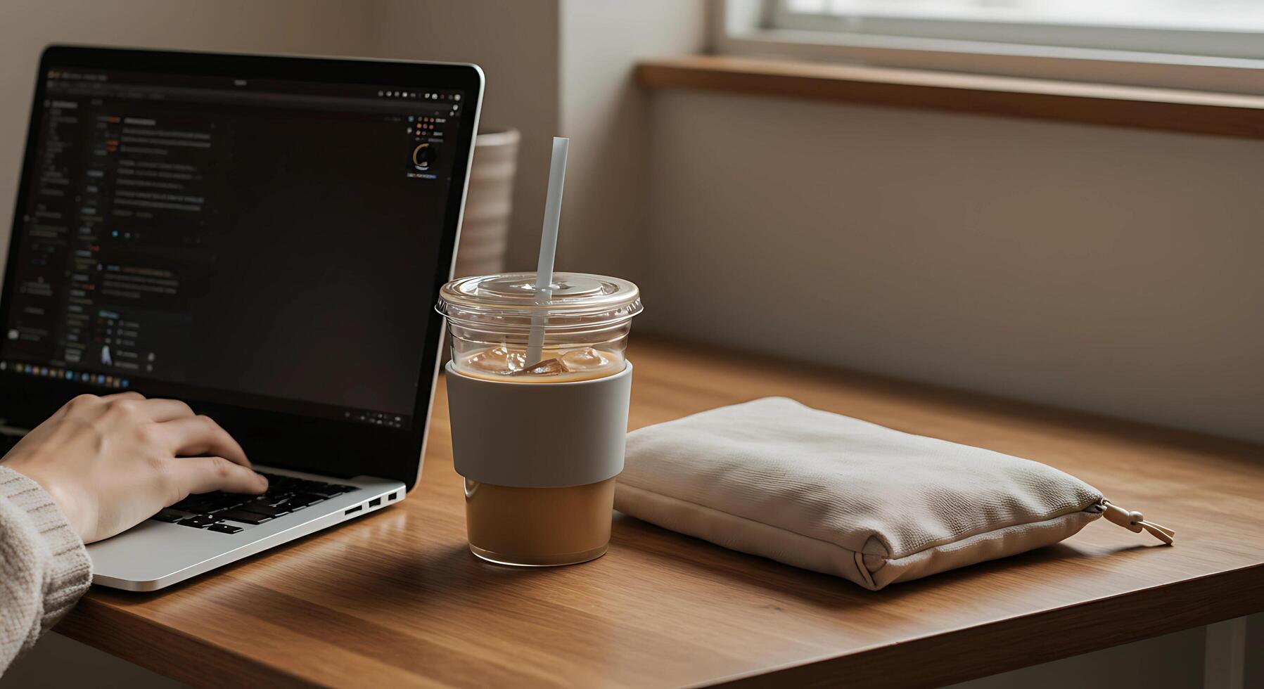 woman with her drink in a reusable cup with straw with laptop to work from home photo