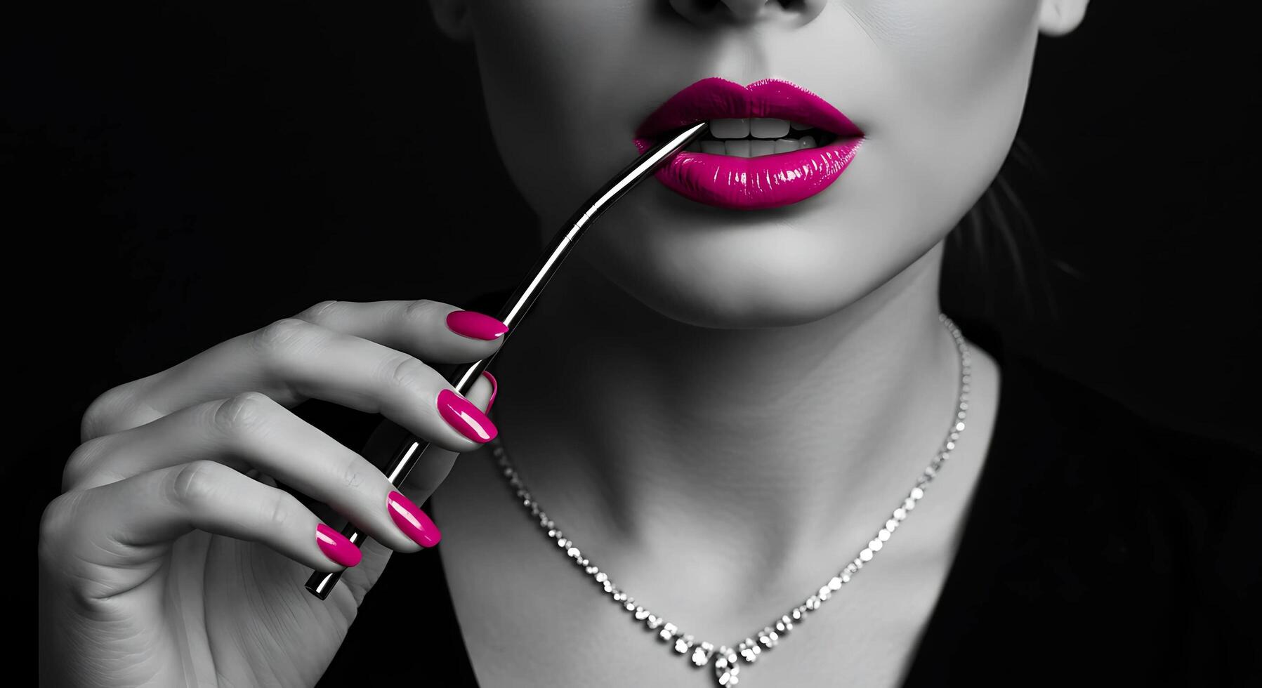 closeup of a woman sipping a reusable black stainless steel straw photo